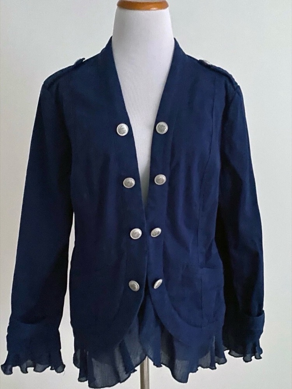 Chico's Navy Blue Velvet Military Jacket w/ Button Accents & Ruffle Hem, Size 3